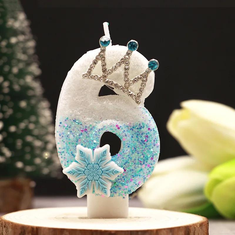 0-9 Birthday Digital Number Candle Cake Snow Crown Cake Topper Baby Shower Decor Birthday Party Supply Blue Crown