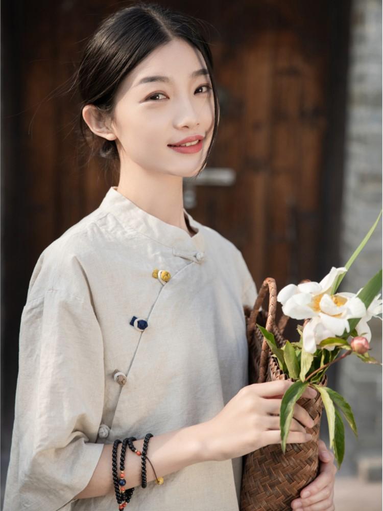 Johnature Women Chinese Style Shirts Tops Solid Color Button Short Sleeve Stand Blouses Summer Vintage Shirts