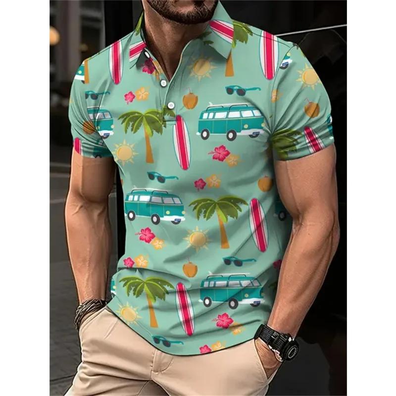 Sommer-Essential! Tropisches Palmenmuster Kurzarm-Poloshirt