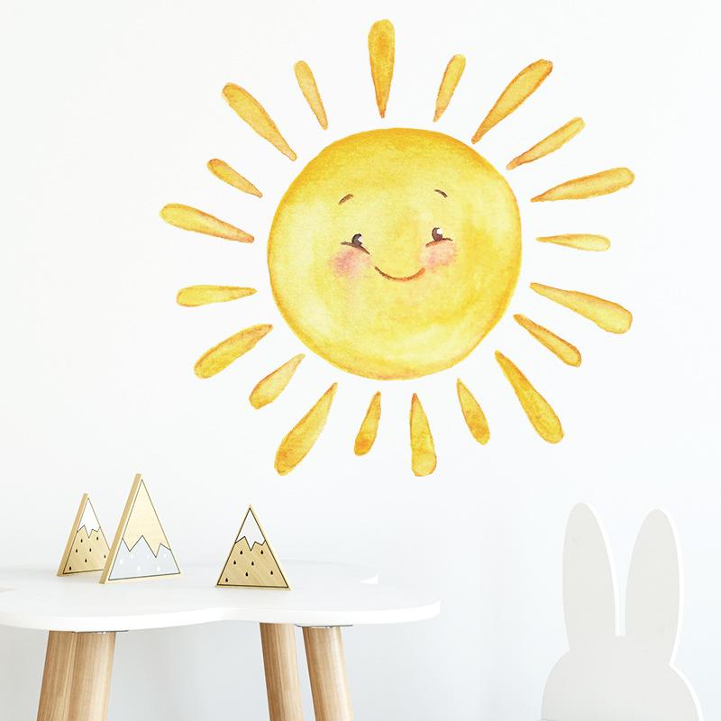 Playful Cartoon Sun Wall Stickers Hand-Painted Style Self-Adhesive Wall Art for Kids Room and Hallway Home Decor