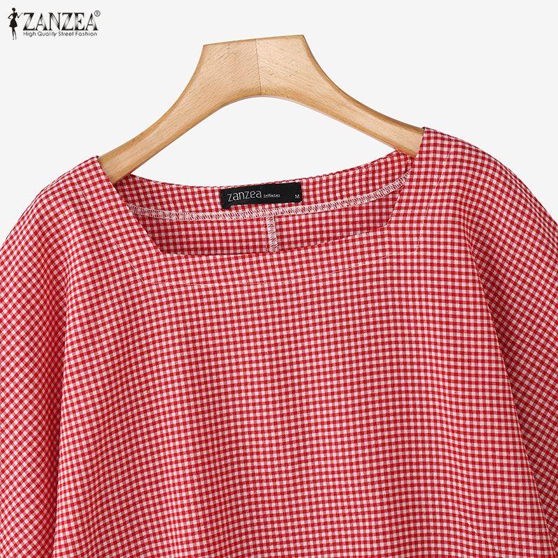 ZANZEA Women Casual Square Collar Half Sleeve Plaid Print Blouse Tops