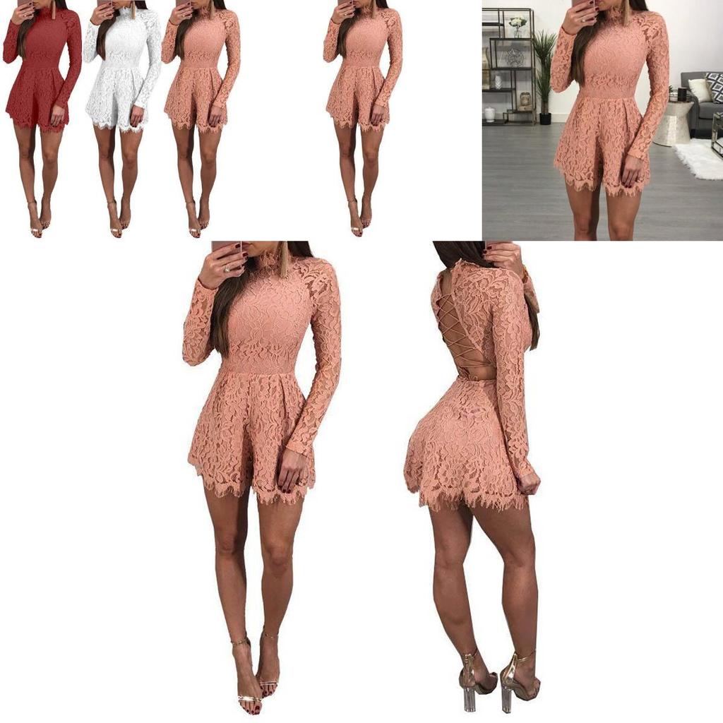 Elegant Womens Fashion Casual Romper Dress Lace Long Sleeve Sexy Short Jumpsuit
