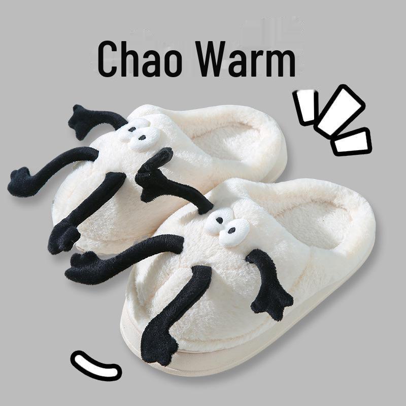 Pantoufles d'intérieur mignonnes en coton avec pompon en fourrure noire pour femmes - Hiver, antidérapantes, chaudes, bout fermé, semelle souple, chaussures de maison amusantes pour couples