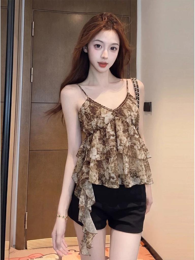 Vintage Leopard Print Suspender Vest Women's Summer V-neck Versatile Streamer Sleeveless Top