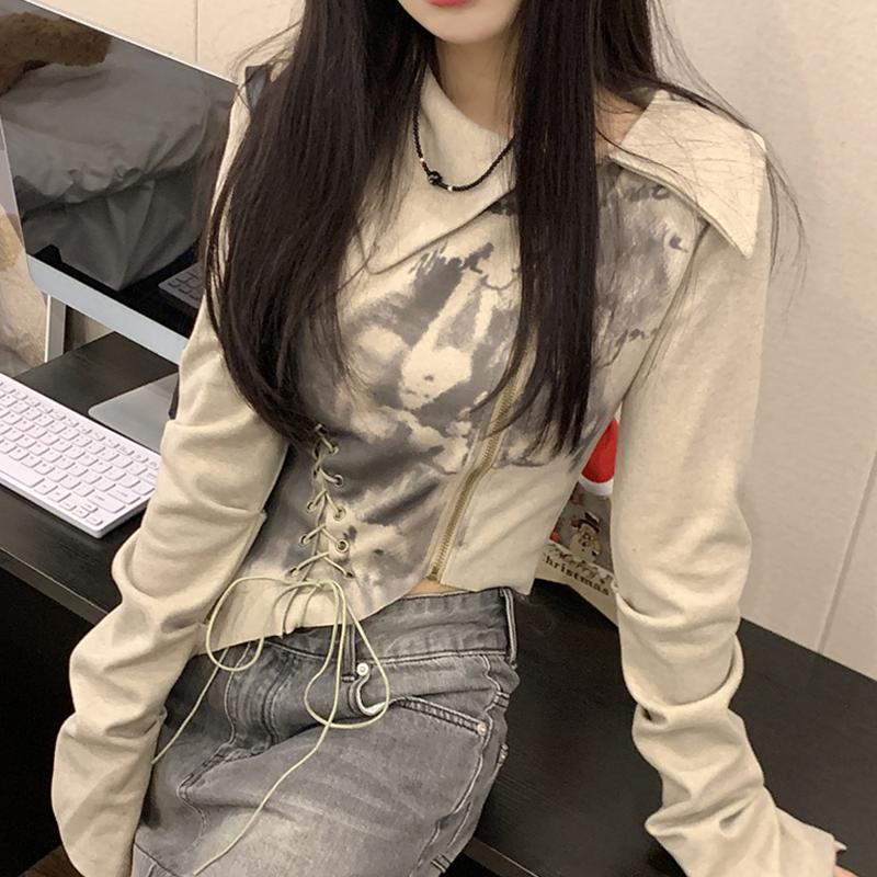 Girls Y2K Tees Zipper Bandage Printed T-shirts For Women Sexy Fashion Tops Long Sleeve Club Bar Wear For Lady