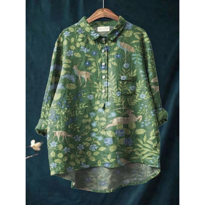 Tier Blumenmuster Bedruckte Hemden Hawaii Polyester Freizeit Langärmlig Damenblusen & Hemden