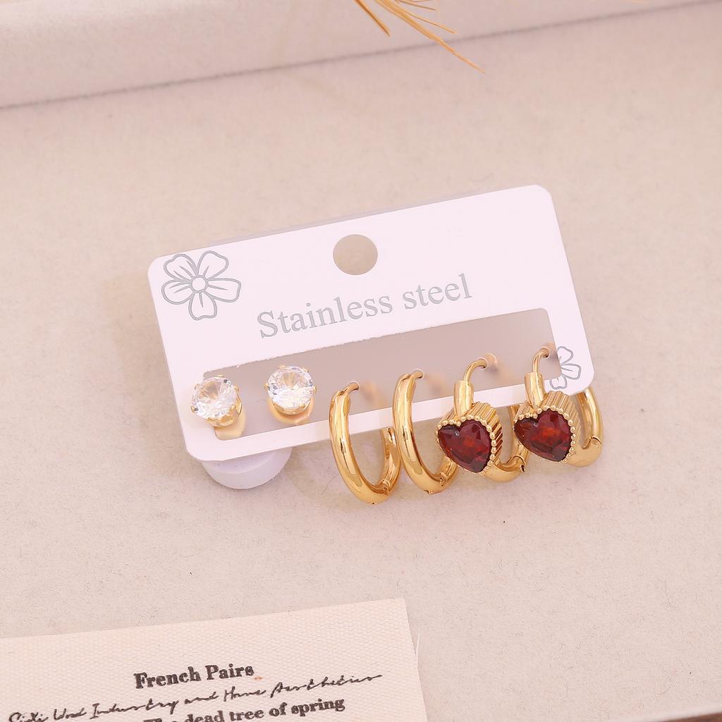 3 Pairs Set Rhinestone Heart Hoop Earrings Fashion Stainless Steel Ear Jewelry Niche Elegant Ear Studs
