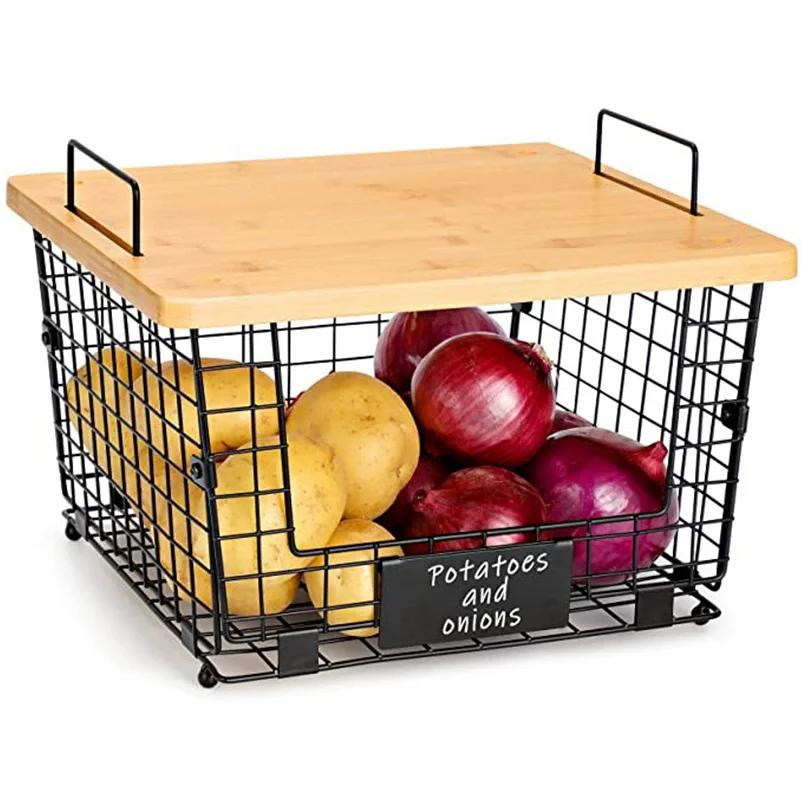 Для Grand Panier Métallique Empilable Avec Dessus En Bambou, Comptoir De Cuisine, Organisateur Et Rangement De Garde-manger, Pan чёрный