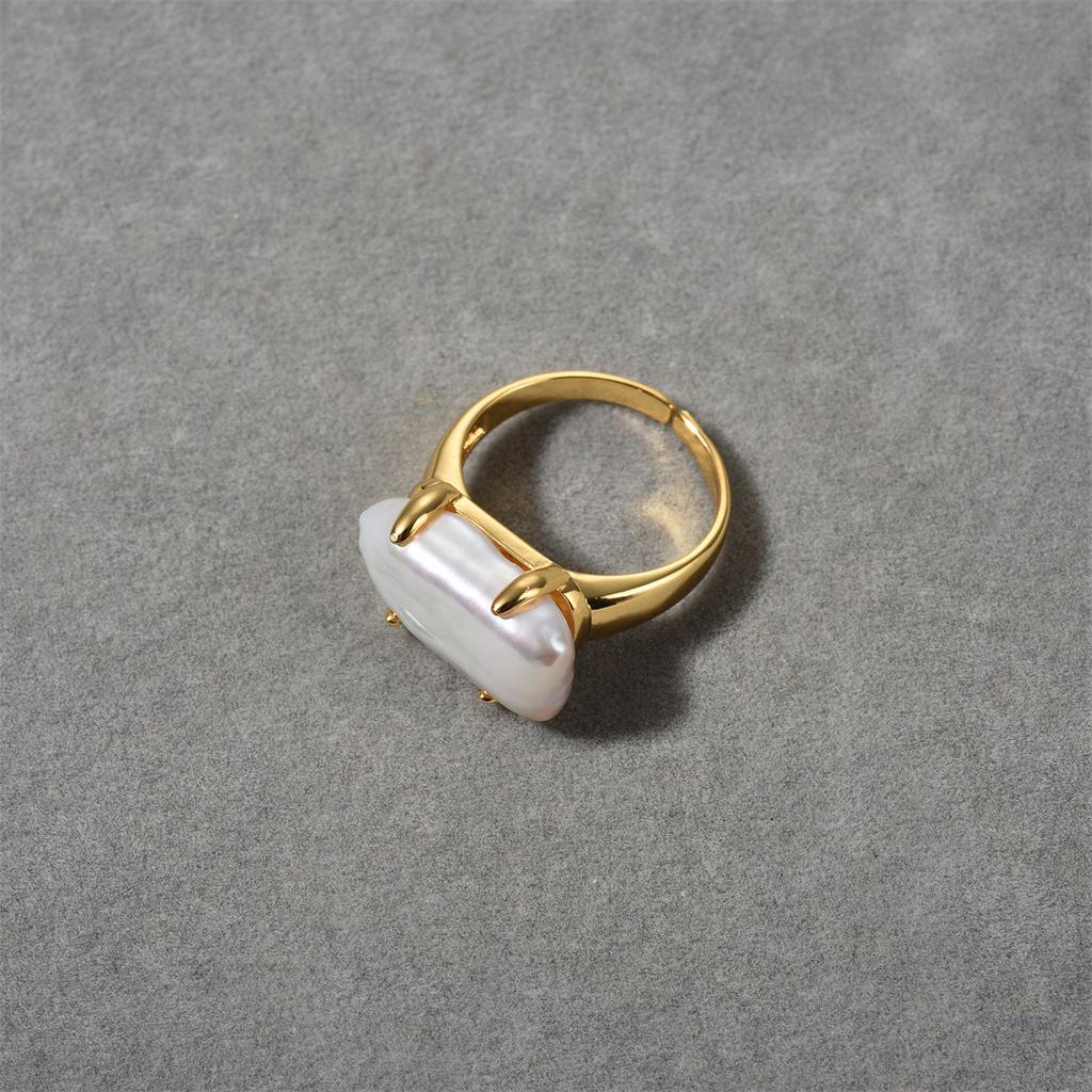 Claw Inlaid Baroque Ring, Simple Retro Temperament, Versatile Square Pearl Index Finger Ring, Adjustable Opening