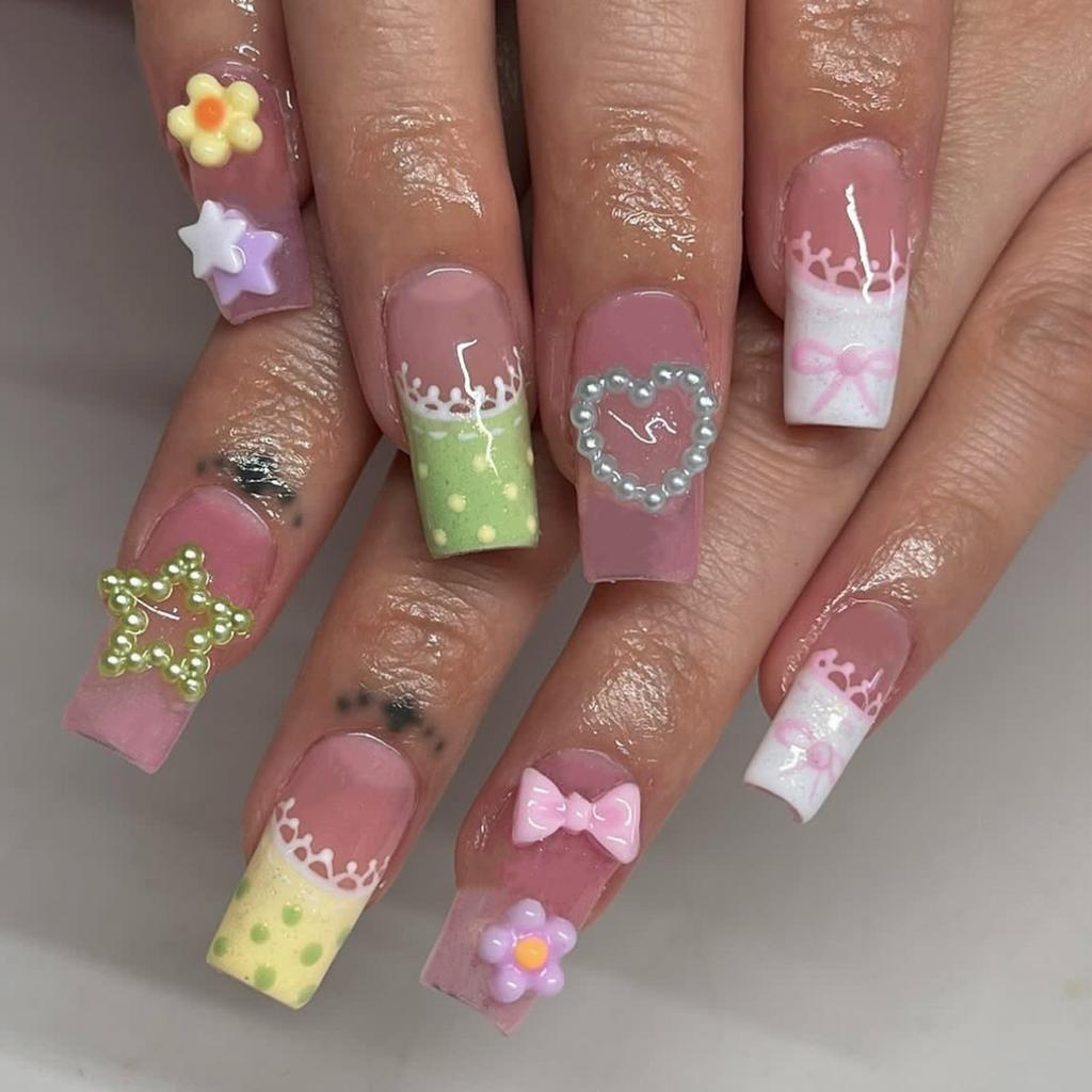 24pcs Y2K Sweet Stars Press On Nails Blue Brown Stripes French False Nails Wave Point Designs Autumn Vintage Fake Nail