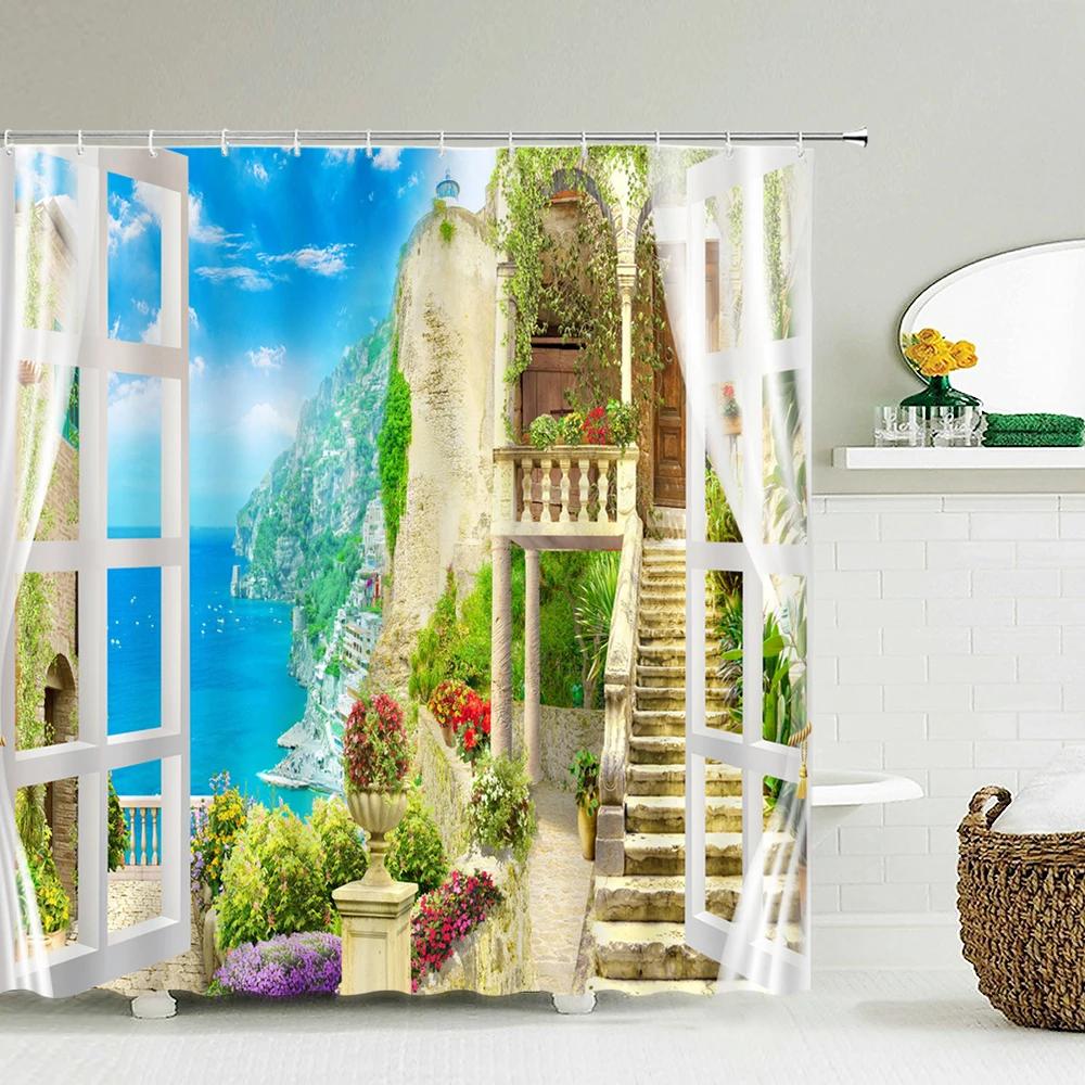 Flowers Garden Landscape Shower Curtain European Retro Rural Scenery Wall Decor Hanging Curtain Waterproof Bathroom Curtains