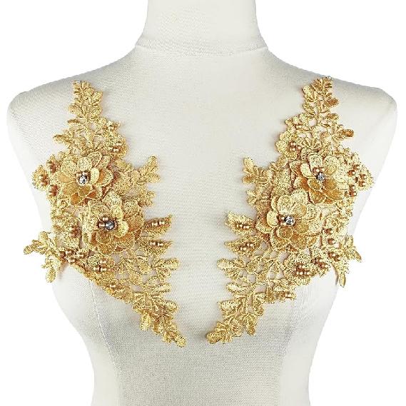 1 Pair Lace Flower Applique Beaded Rhinestones Sew On Embroidered Patches Applique Décor for Wedding Dress DIY Sewing Craft Decoration, Black 9.2 x