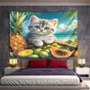 "Kitten with Tropical Fruits by the Beach" Pattern Wall Hanging Tapestry Decorative Tapestry Home Decor for Bedroom and Living Room