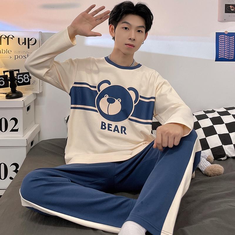 Spring Cotton Men's Pijamas Set Plus Home Clothes Male Nightwear 2Pcs/Set Casual Loungewear Long Sleep Top & Pant