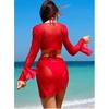 Sexy Mesh 4 Piece Bikinis Set Women Red Black Flare Long Sleeve Cover Up with Skirt Swimsuit Beach Holiday Bathing Suit Swimwear