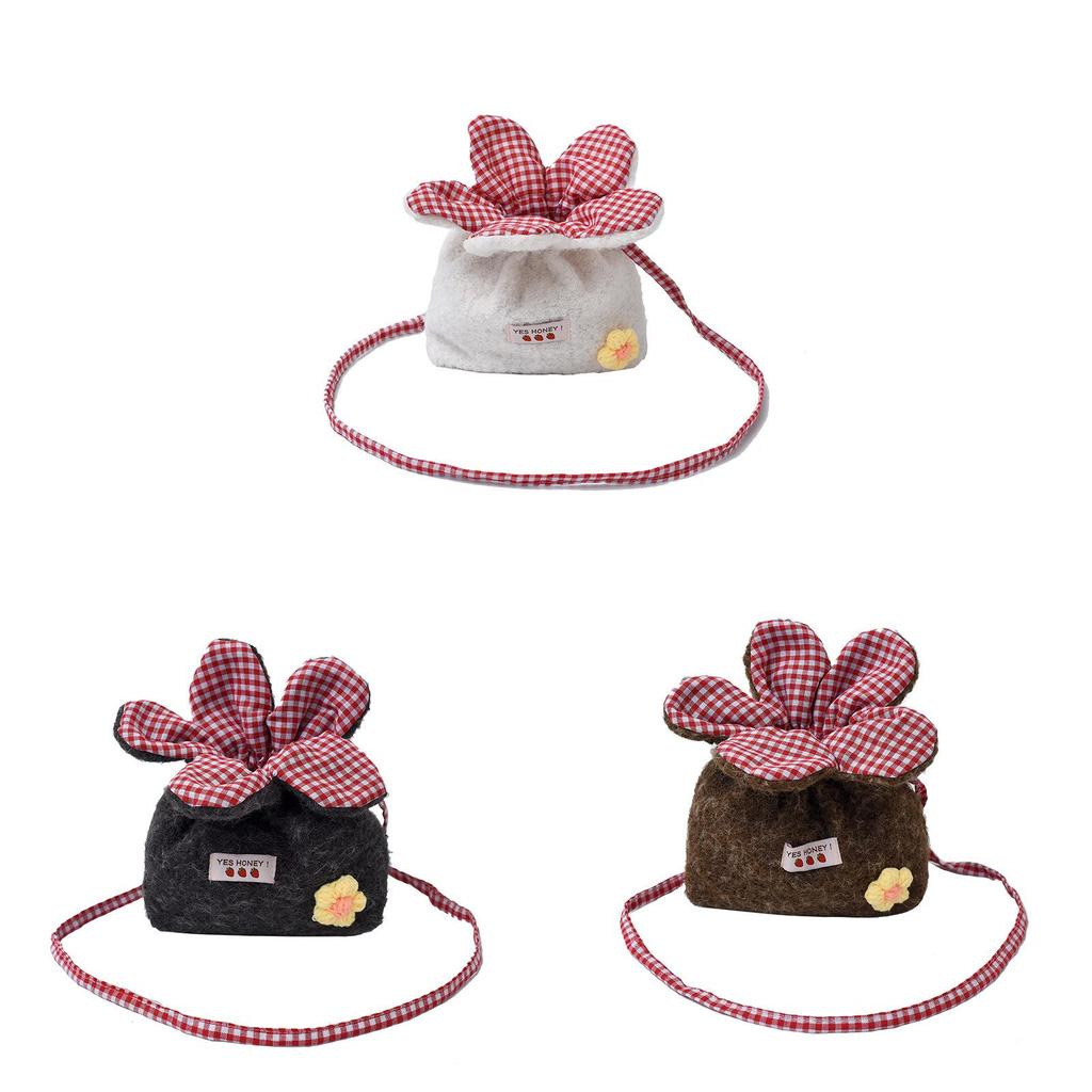 Plush Floral Drawstring Bag With Grid Pattern For Casual Daily Use