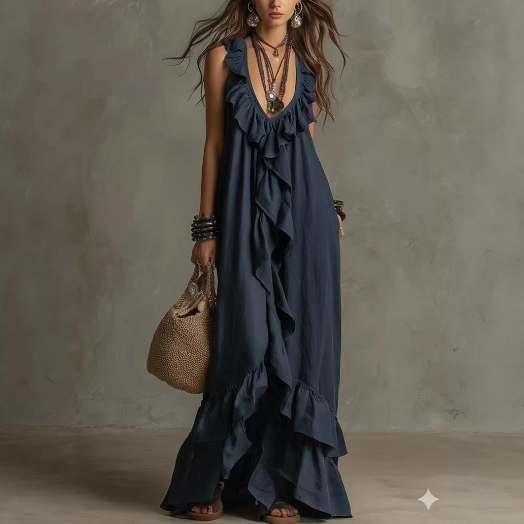 Boho Vintage V-Neck Short Sleeve Ruffle Casual Urban Dress for Women, European American Crossbody Summer Sundress
