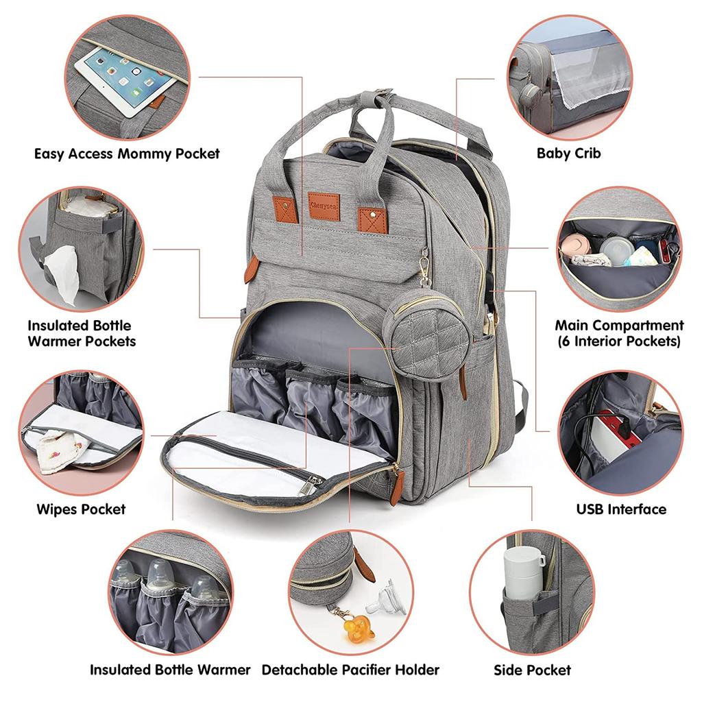 3 In 1 Diaper Bag Backpack Foldable Baby Bed Waterproof Travel Bag with USB Charge Diaper Bag Backpack with Changing Bed 3 Types
