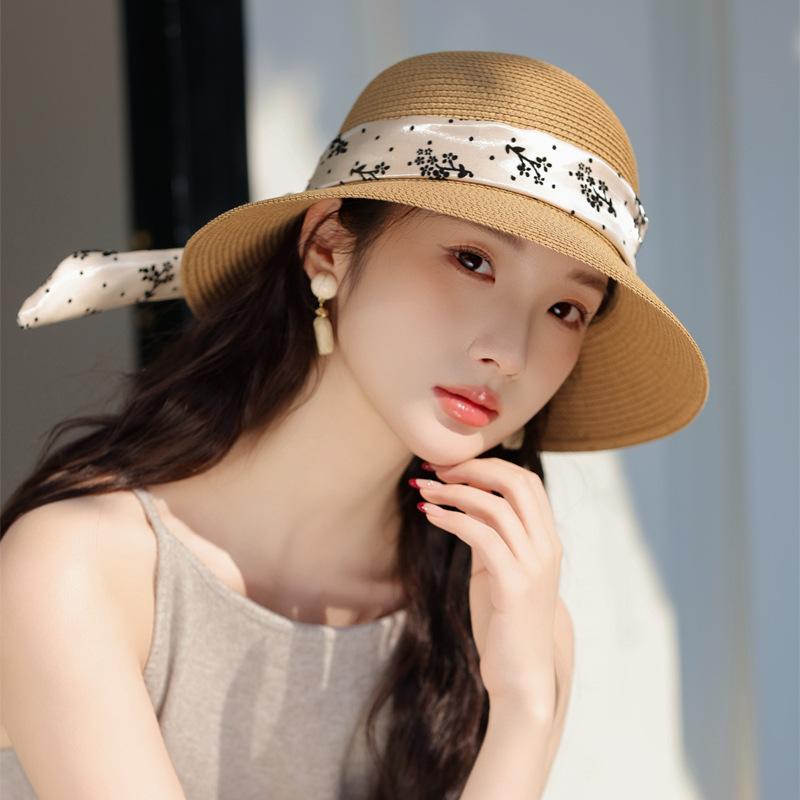 Summer New Hat Women's Sunshade Sunscreen Hat Outdoor Travel Lafite Straw Hat Bow Sun Hat Advanced Sense