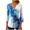 Button-Down-Hemden für Damen, bedruckte Tunika, Sommer-Oberteile, elegante, lässige Glocke, 3/4-Ärmel, V-Ausschnitt, Frühlingsblusen