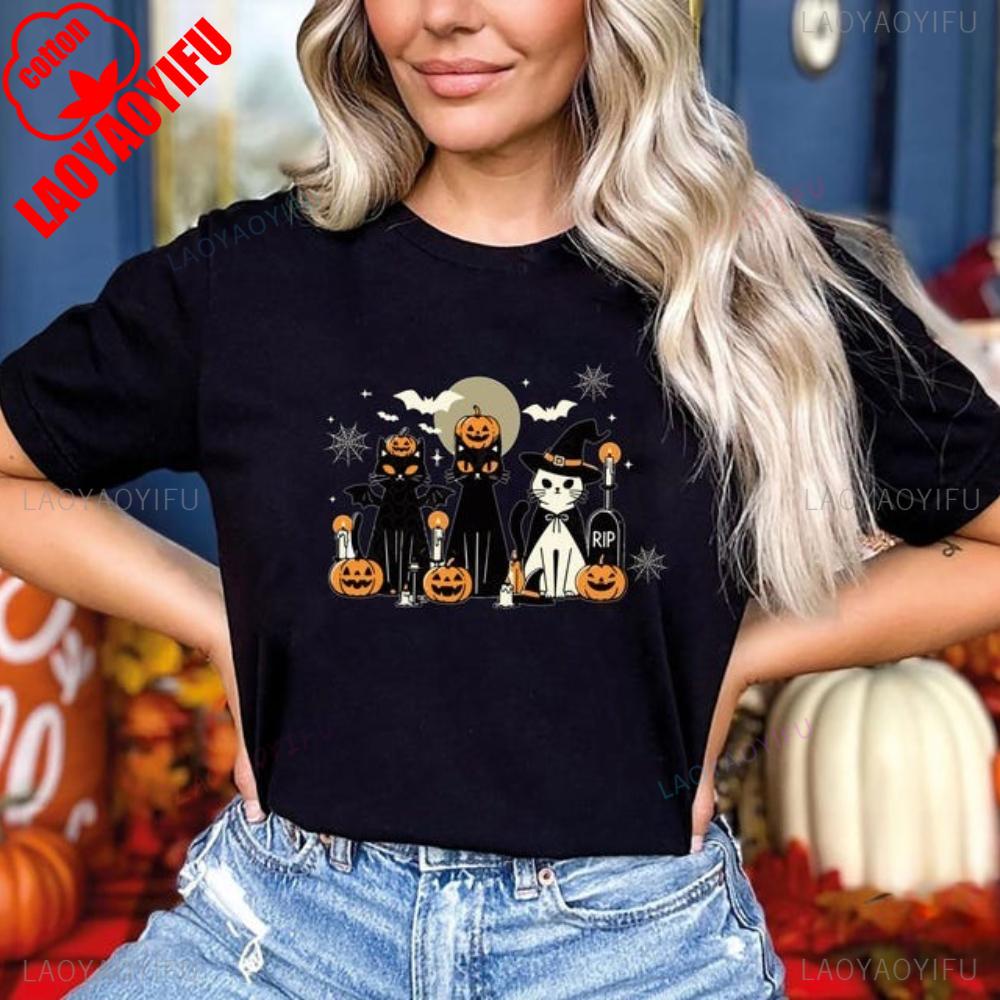 Witch Halloween TShirt Ladies Funny Halloween Shirt Cute Black Cat Halloween Tee Pet Owner Gift Tops Unisex Women Casual Tshirt