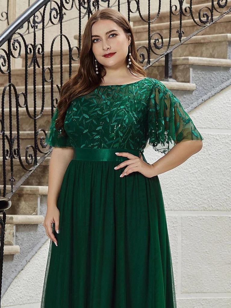 Elegant Plus Size Sequin Embroidered Evening Gown with Mesh Hem