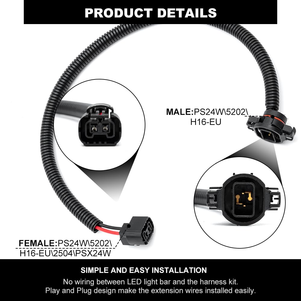 PS24W 5202 H16-EU to PS24W 5202 H16-EU 2504 PSX24W Fog Light Wiring Harness Adapter Socket 19-Inch Extension Wire Connector for Jee p Wrangler JK&JKU