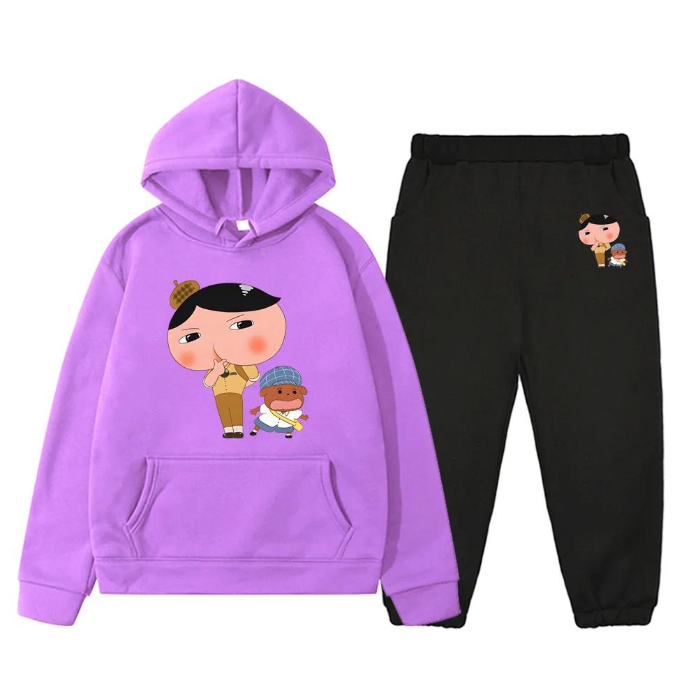 2pcs Butt Detective Cartoon Print High Quality Clothing Sets Autumn New Childrens Hoodies Sweatshirts Kids Loose Fleece Pullover