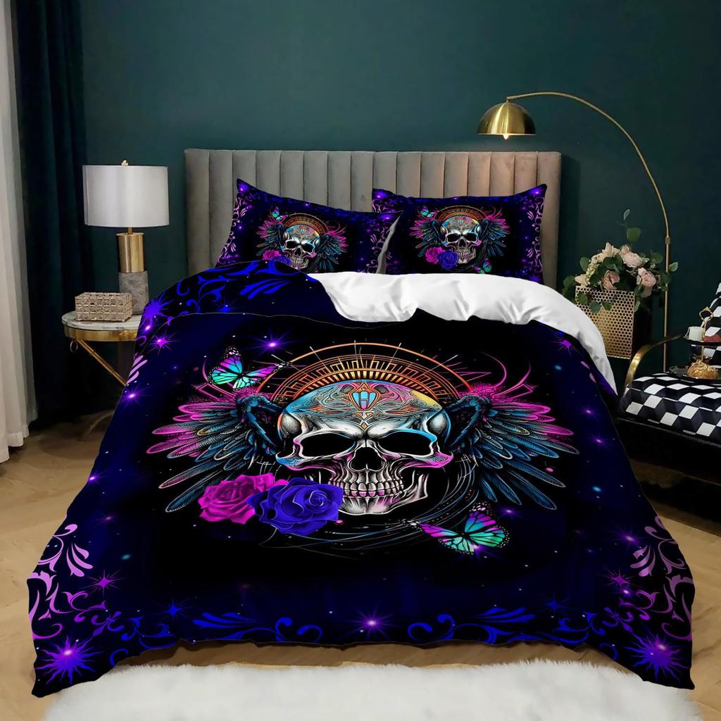 Gothic Skull Duvet Cover Set Queen Size Black And White Skull Bedding Set For Boys Teens Men Retro Floral Comforter Covers Set