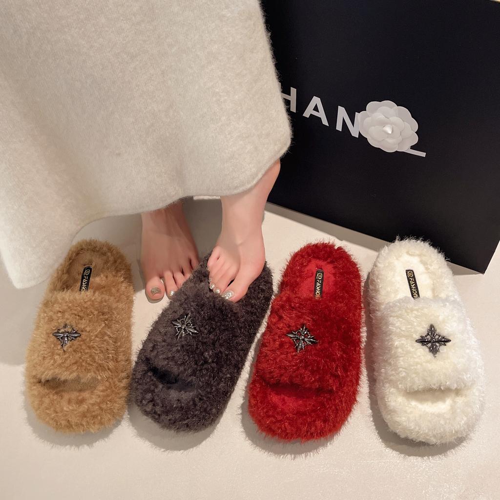 Fashion 2025 Popular Plush Slippers Women's Autumn and Winter New Household Anti-slip Increase Thick-soled Women's Warm Cotton Slippers