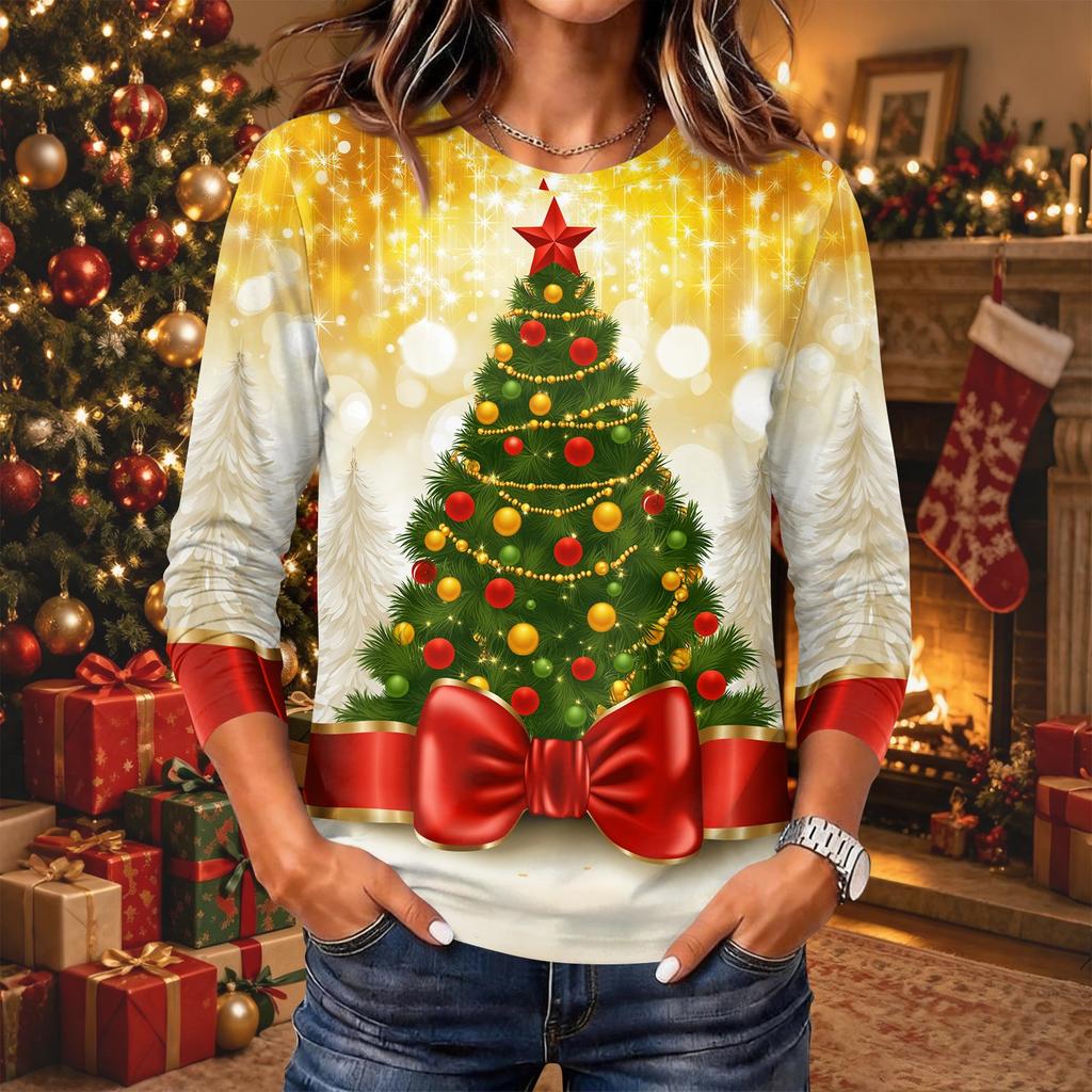 Women's Christmas Print Long Sleeve Neck Pullover Top