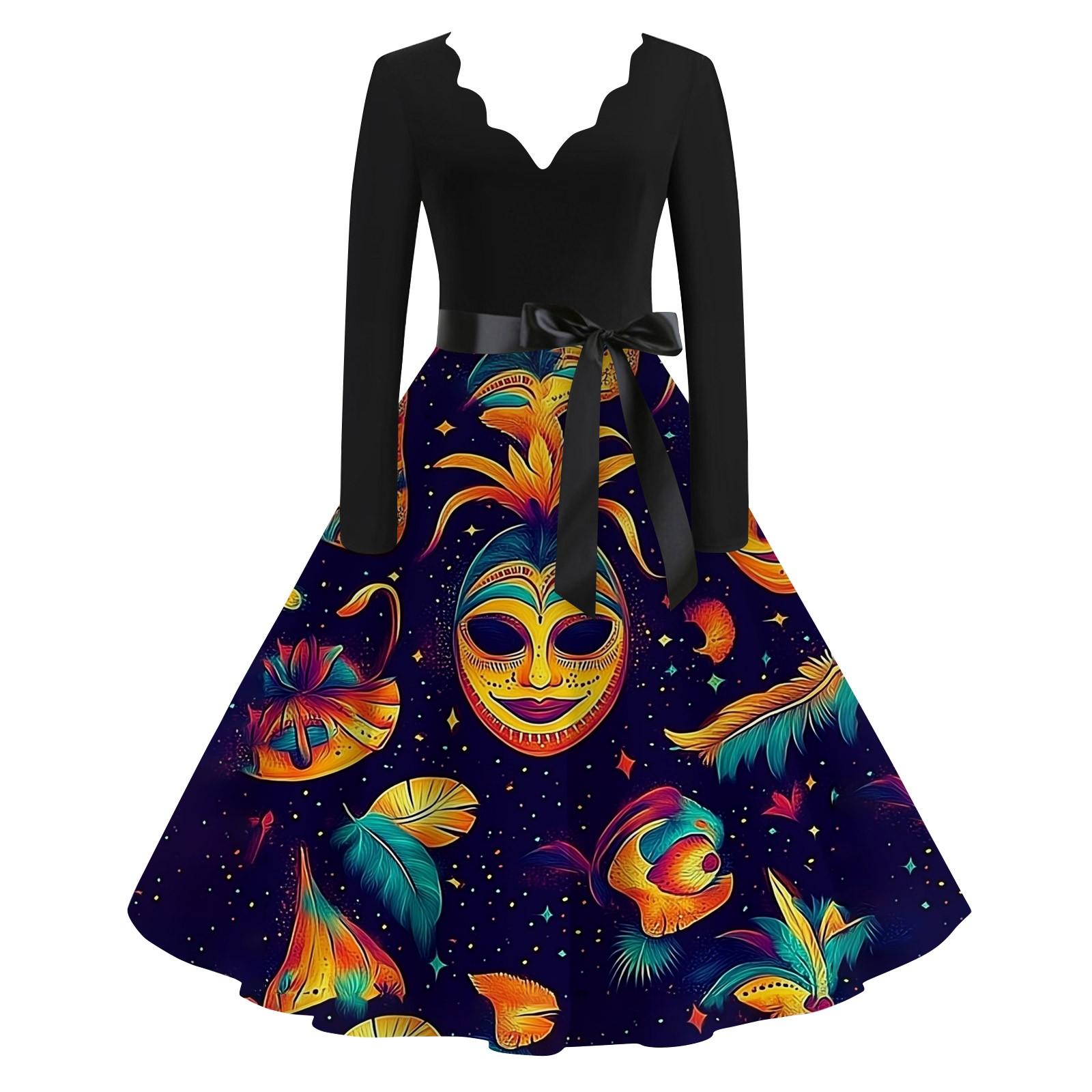 

Жіноча повсякденна модна вінтажна сукня з карнавальним принтом з V-подібним вирізом і довгим рукавом XL небо синє кольору