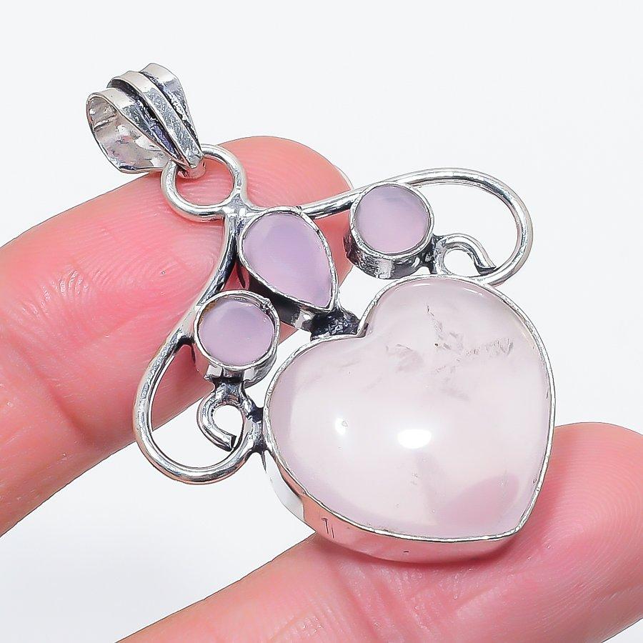 Natural Rose Quartz, Chalcedony 925 Sterling Silver Jewelry Pendant 1.89" E2O30