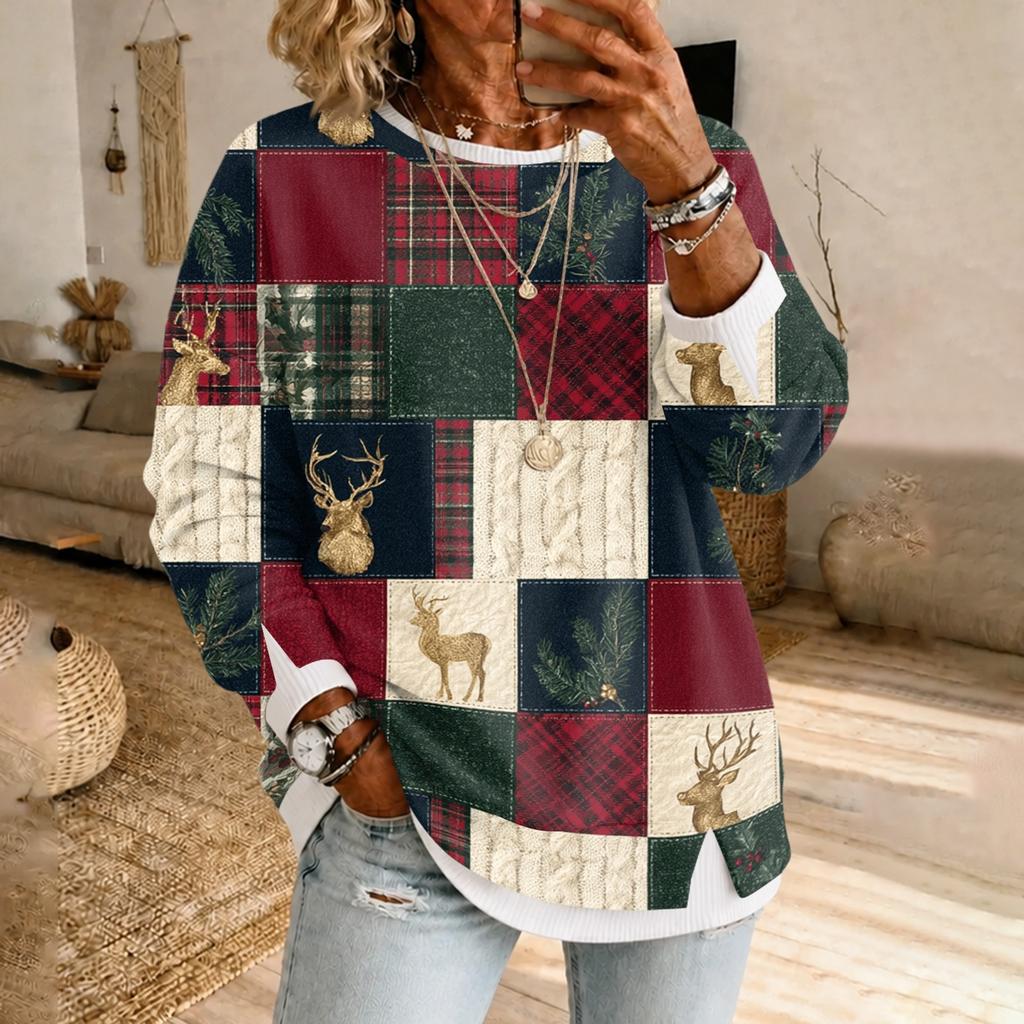 Women's Casual Christmas Print Long Sleeve Neck Pullover Top with Design