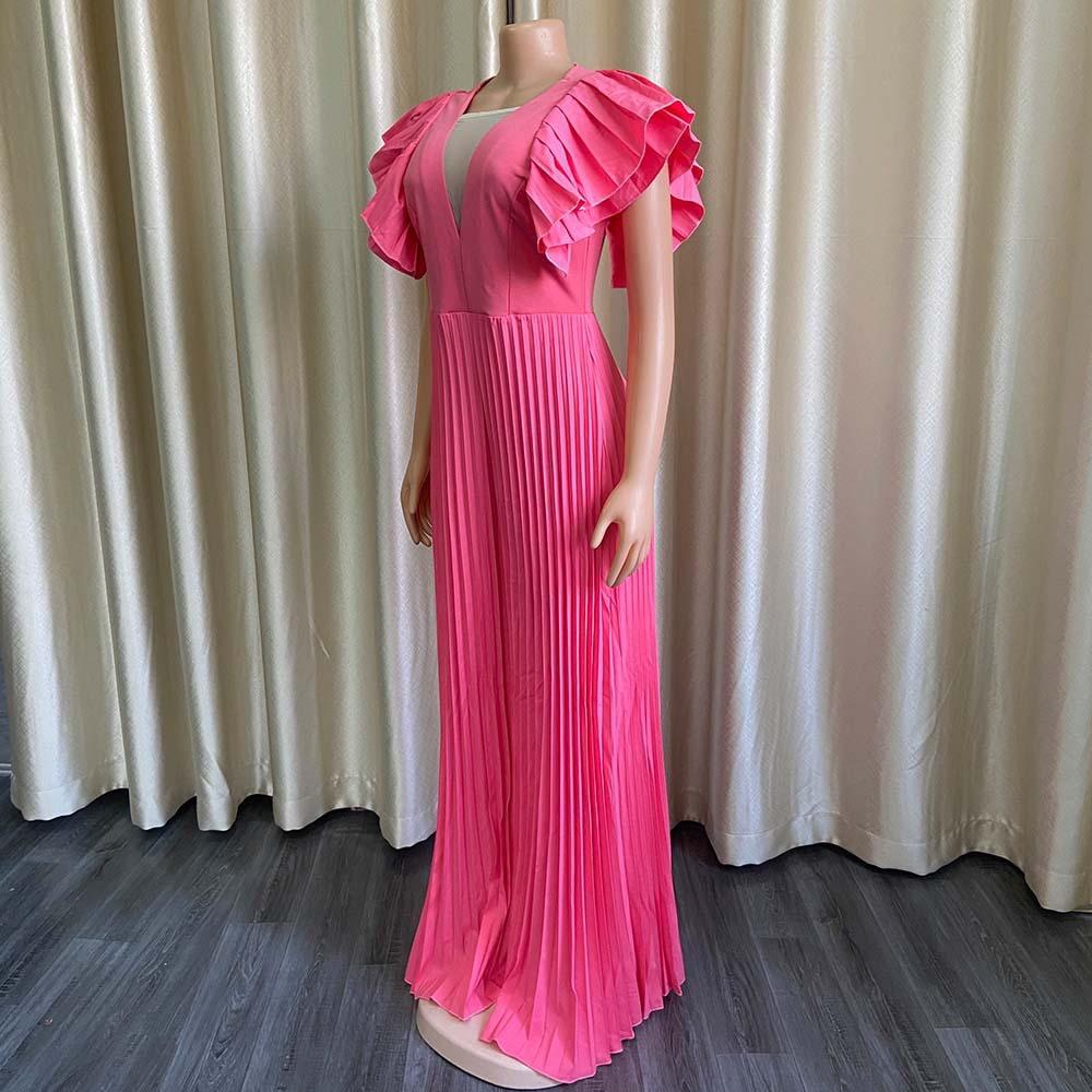 Summer Pleated Jumpsuits Rompers Women V Neck Ruffles High Waisted Loose Floor Length Luxury Female Party Romper