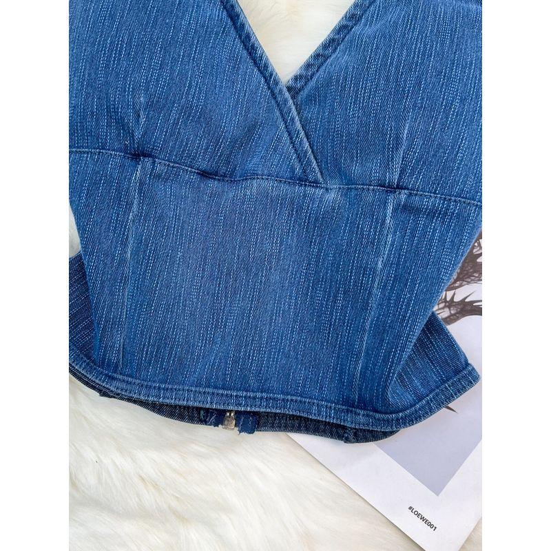 off-Shoulder Zipper V Neck Denim Silm Halter Spaghetti Straps