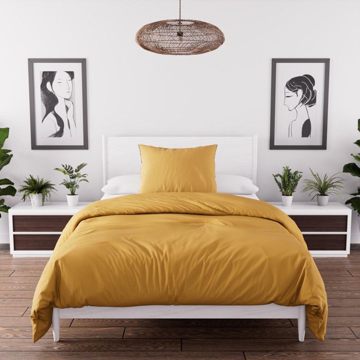 Parure housse de couette en microfibre lavée 140x200 cm BOHEME moutarde, par Soleil d'Ocre