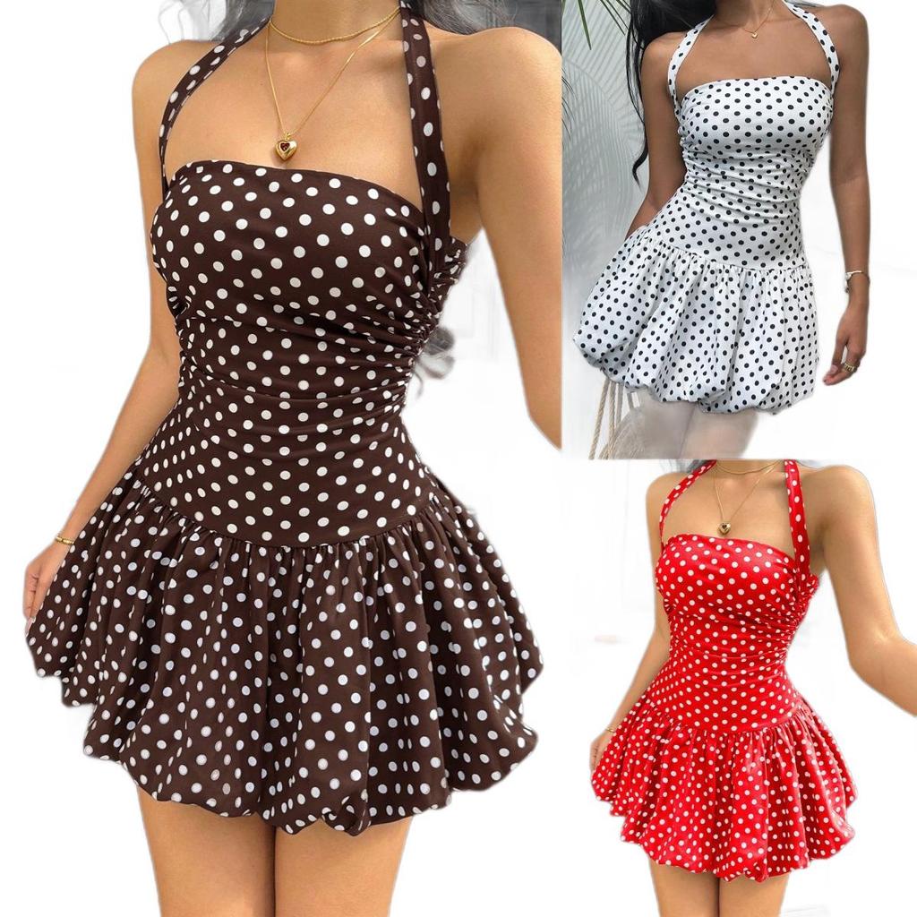 2026 Summer European & American Polka Dot Halter Backless Dress - Sexy Slim Fit Short Skirt