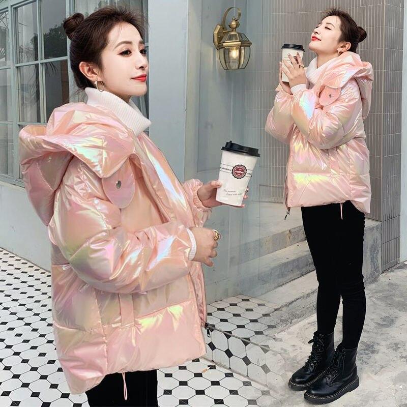 Winter Warm Bright Leather Bread Parkas Coat Loose Pink Women Jackets Yellow Clothes