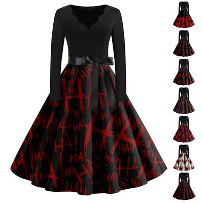 Women's Vintage Classic Dress Neck Waist Bow Tie Long Sleeves Halloween Print V Neck Swing Dress
