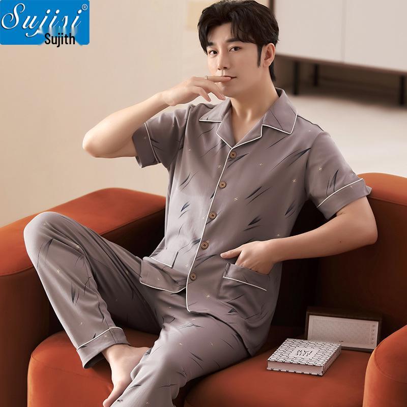 Men's Summer Cotton Pajama Set: Short Sleeve, Long Pants, Plus Size, Loose, Casual, Thin Cardigan Homewear.