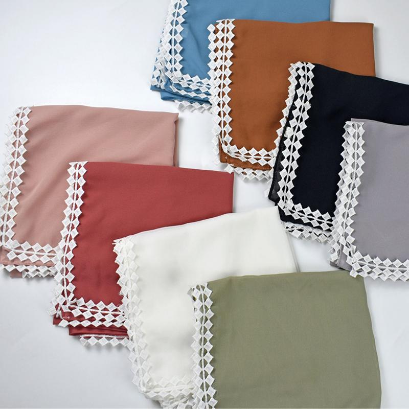 Muslim Chiffon Hijab Scarf for Women Lady Lace Trim Solid Square Head Wrap Shawl Female Jersey Hijabs Scarves Islamic Turban