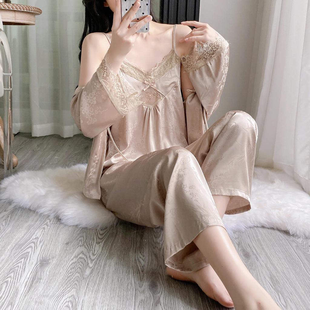Women's Summer Ice Silk Camisole & Long Pants 3-Piece Set with Chest Pads - Light Luxury Homewear