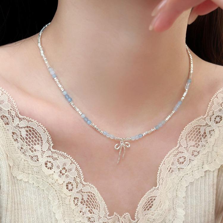 Chic French Sweet Blue Beaded Sterling Silver Bow Necklace & Bracelet Set