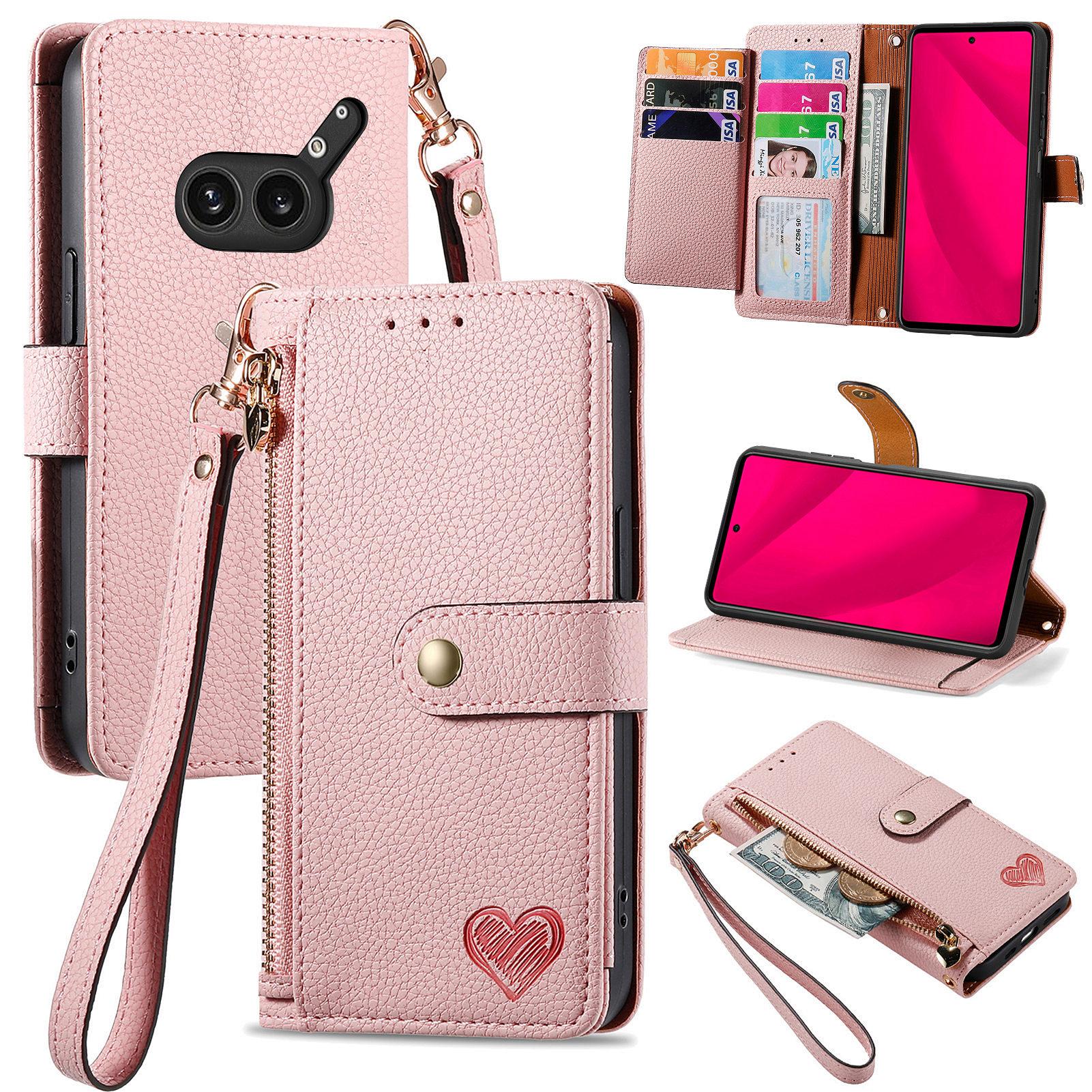 

For Nothing Phone (2a) Plus Case RFID Blocking Zipper Pocket Leather Wallet Phone Cover with Strap Pink