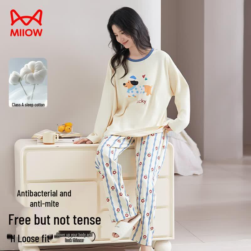 MaoRen Women's Cartoon Puppy Anti-mite Cotton Pajama Set