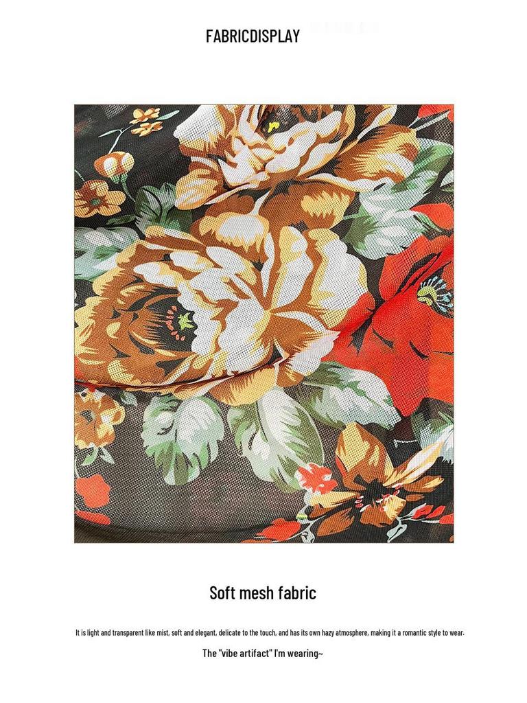 Elegantes Retro-Blumen-Netz-Bademantel mit Federbesatz - Durchsichtiges Loungewear-Design