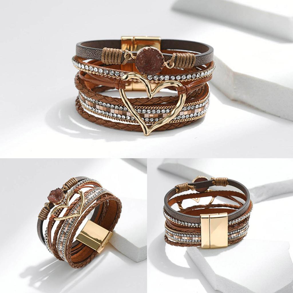 Elegant Heart Leather Wrap Bracelets Stackable Bohomian Cuff Bangles Trendy Rhinestones Bracelets for Women and Girls