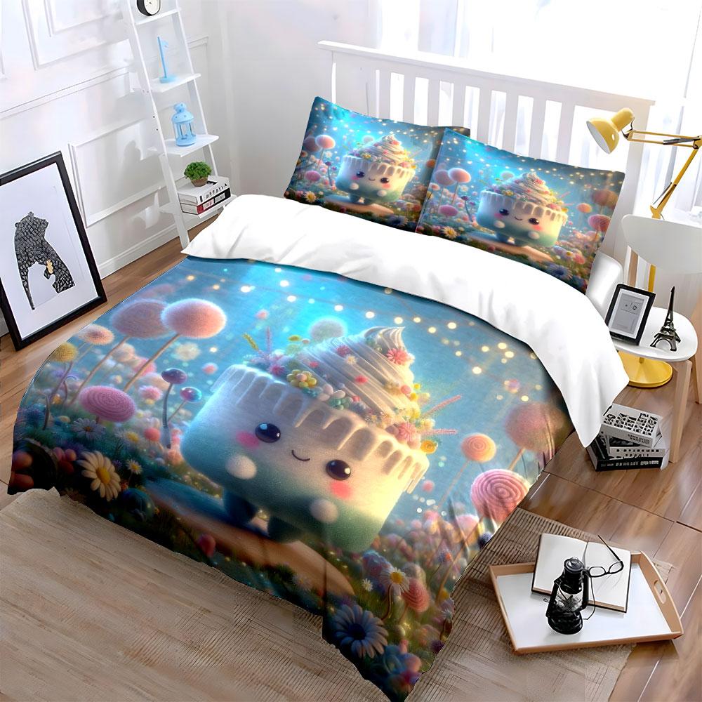 Cute Cake-Inspired Decor Set Bedding Set with 1 Duvet Cover 2 Pillowcases Single Double King Queen, Gift