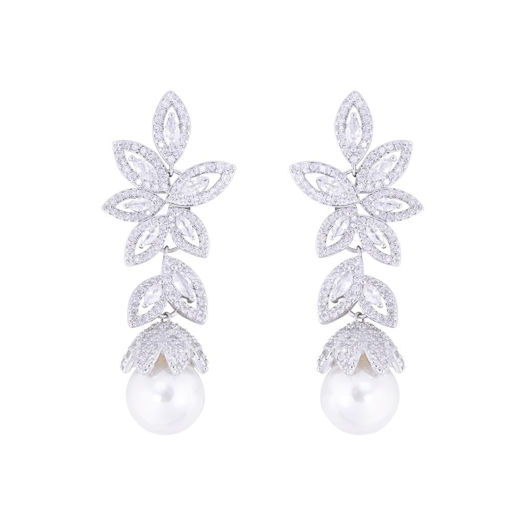 S925 Silver Leaf Pearl & Diamond Drop Earrings with Micro-Set Zircon
